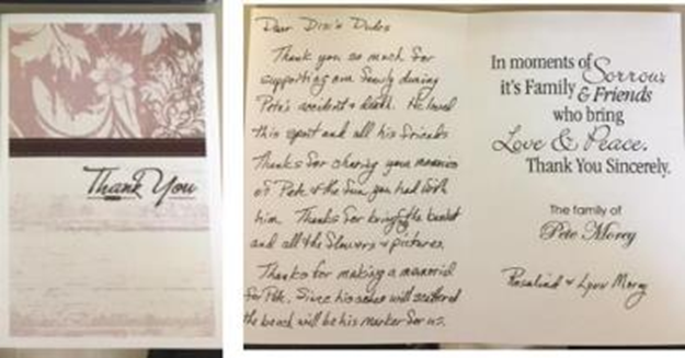 Thank you note from Pete's Mom (Rosalind) and Dad (Lynn)